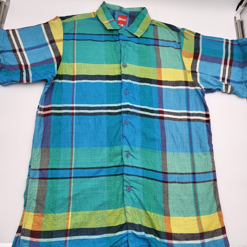 Merona Men's Short Sleeve Button Up Plaid Shirt "M"  Made in India‎ 100% Cotton
